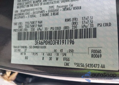 2015 Ford Fusion Se from USA, damaged, VIN 3FA6P0HD3FR191196